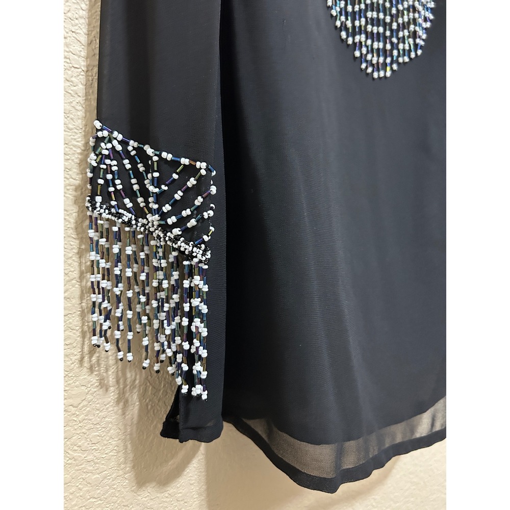 Anthony Original Tunic Top L Black Beaded Fringe Lace Up Chiffon Boho Festival - Picture 9 of 11